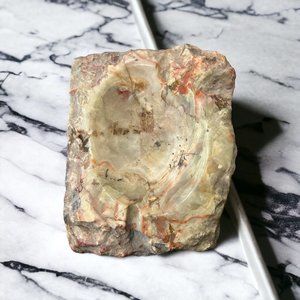 VINTAGE EARTHTONE GREENS/BROWNS SLAB MARBLE STONE 4 SIDED ABSTRACT ART ASHTRAY